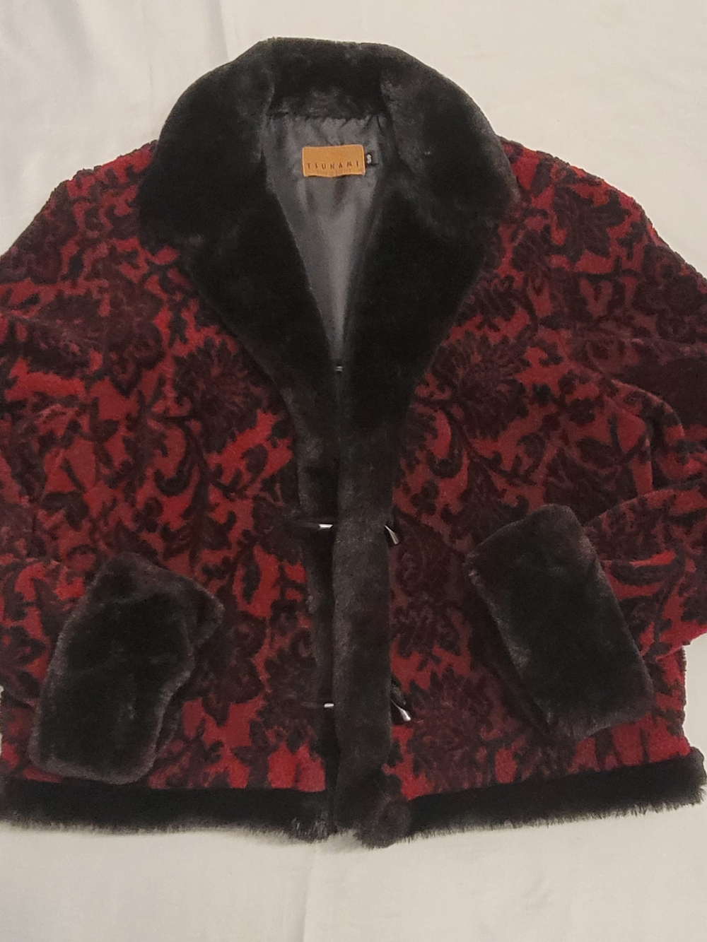 Vintage Tsunami Red Black Faux Fur Chenille Jacket Small